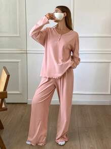 DAZY Minimalist Knit Half-Open Cardigan With Wavy Hem Loungewear Set - Pink - View 5