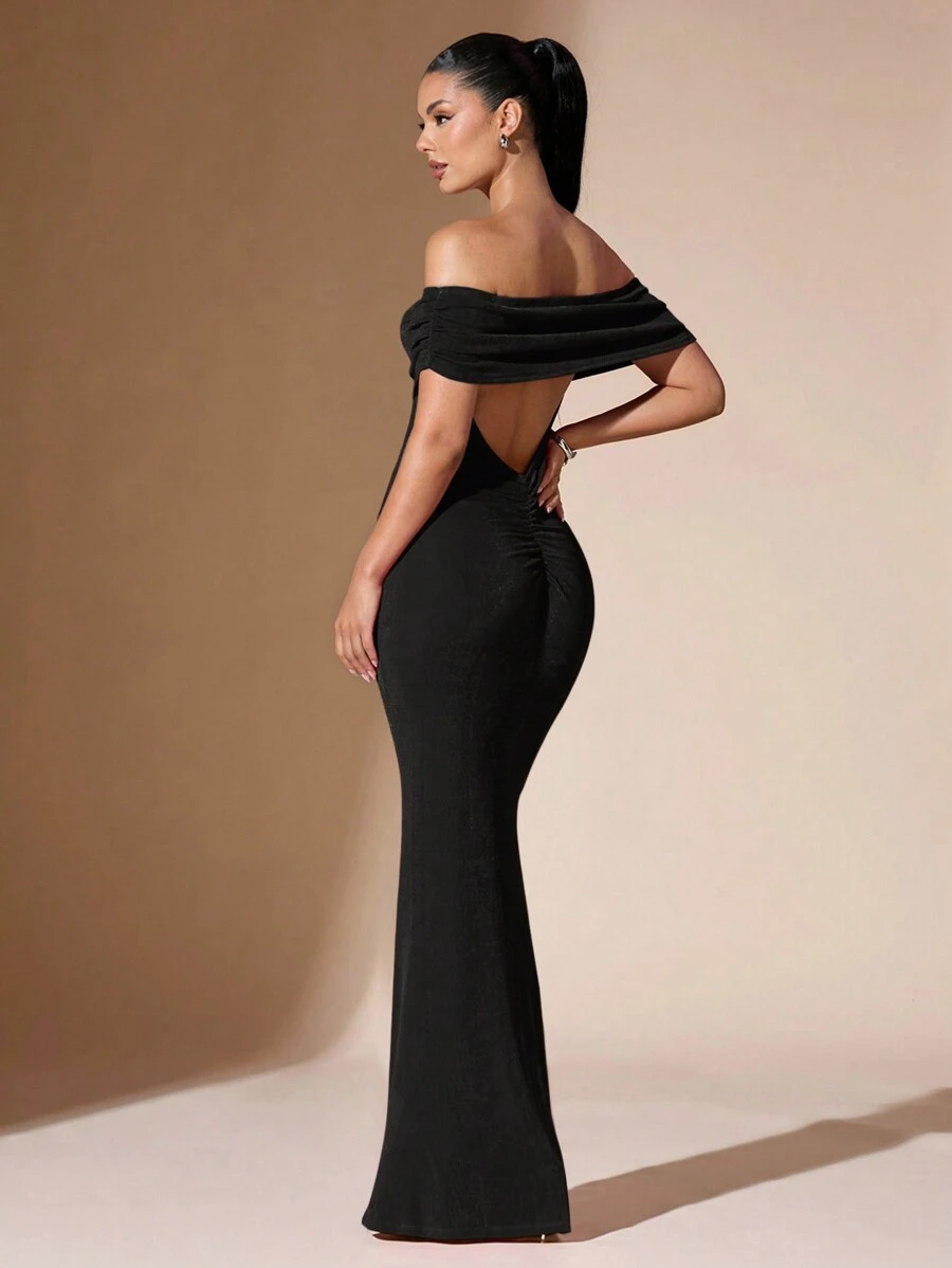 SHEIN BAE 女士纯色露肩性感透明优雅美人鱼露背紧身舞会礼服 - 黑色 - 查看 1
