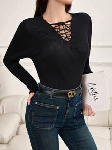 Modelyn Women Crisscross Tie V-Neck Hollow Out Knit Pullover Top, Knit Pullover Fall Winter - Black - View 7