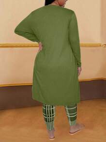 SHEIN LUNE Plus Size Solid Color Long Sleeve Jacket + Tank Top + Allover Print Tie-Front Pants Casual Outfit - Green - View 2