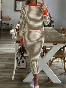 SHEIN LUNE 2pcs Women's Casual Striped Crew Neck Dropped Shoulder Long Sleeve Sweater And Knitted Pants Set, Autumn/Winter - Multicolor - View 1