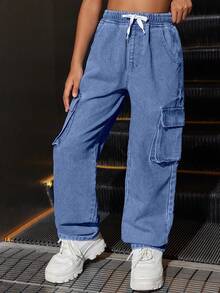 SHEIN Tween Girl Cool Distressed Denim Pencil Case & Pants Set Summer Holiday - Medium Wash - View 7