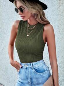 SHEIN LUNE Women Casual Solid Color Textured Tank Top, Summer - Army Green - View 4