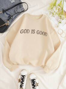 INAWLY Plus Size Embroidery Slogan Pattern Crew Neck Long Sleeve Sweatshirt Pullover Fall Winter Autumn - Apricot - View 2