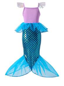 SHEIN Infant Girls Glittery Purple Mermaid Print Outfit, Autumn Winter - Multicolor - View 2