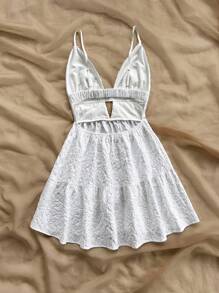 Dreamara Plus Size Boho Women's White Jacquard Texture Open-Back Cinched Waist A-Line Mini Dress,Elegant Summer Holiday Vacation, Party Homecoming Sundress - White - View 3