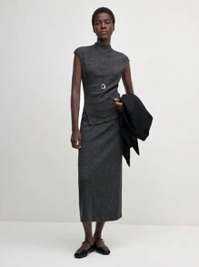 BizChic 2 件套女士休闲通勤针织上衣和裙子套装，优雅毛衣连衣裙工作制服，秋冬 - 深灰色 - 查看 10