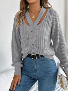 Autumn/Winter Casual Sexy V-Neck Hollow Out Cable Knit Lantern Sleeve Sweater