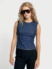 AiiRZ Structured Denim Sleeveless Back Tie Detail Top - Blue - View 1