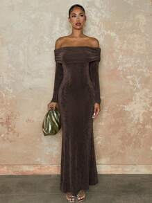 SHEIN BAE Women Autumn Off Shoulder Long Sleeve Bodycon Long Dress - Coffee Brown - View 5