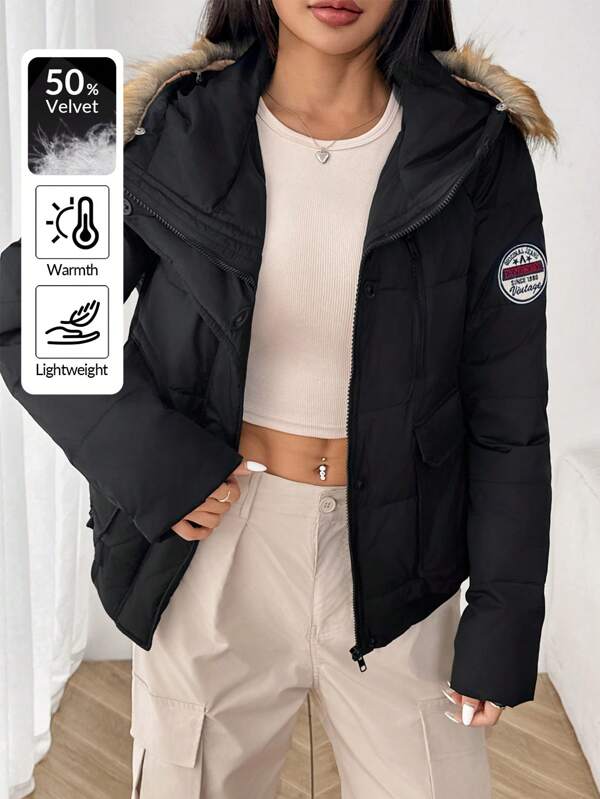 SHEIN EZwear Veste matelassée à capuche doublée de fourrure avec patch lettrage pour femmes en hiver