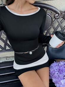 Chiquease Contrast Color Block Round Neck Long Sleeve Fitted T-Shirt