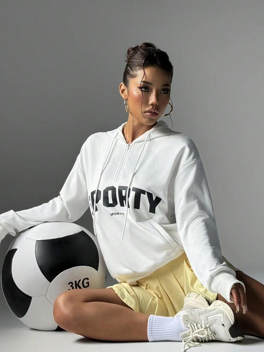 Easithlete Áo nỉ rộng rãi có mũ trùm đầu in chữ có dây rút dành cho nữ - Màu be - Xem 1