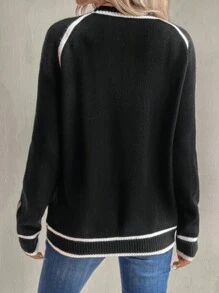 EMERY ROSE Women's Round Neck Raglan Sleeve Heart Pattern Casual Pullover Sweater, Autumn/Winter, Knit Pullover Fall - Black and White - View 2