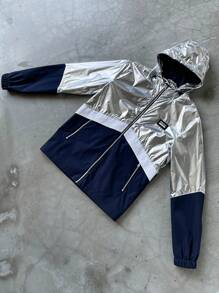 Manfinity EMRG Men's Color Block Hooded Long Sleeve Zipper Pocket Jacket, Outdoor Windbreaker - Silver - View 6