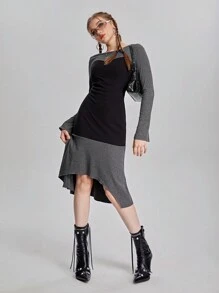 SHEIN 少女圆领拼色不对称下摆长袖连衣裙 - 彩色 - 查看 7