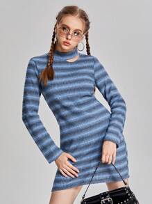 SHEIN Vestido con cuello de pie, estampado de rayas y flores, con recorte hueco para niñas adolescentes