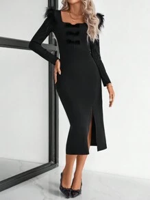 Chiquease Elegant Velvet Bow Tie Long Dress, Party & Casual Wear, Autumn Winter - Black - View 6