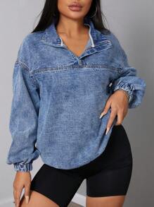 SHEIN SXY Women's Loose Casual Denim Jacket With Dropped Shoulders And Half Zipper, Spring And Autumn - Blue - View 1