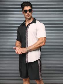 Manfinity Homme 2pcs Men's Geometric Print Contrast Color Short Sleeve Shirt And Shorts Casual Suit, Summer