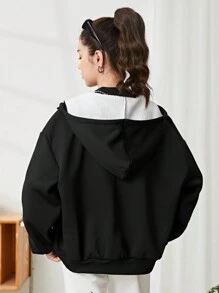 SHEIN Sweatshirt Hoodie Kasual Ukuran Besar dengan Saku dan Lapisan Termal untuk Remaja Perempuan, Cocok untuk Musim Gugur/Dingin - Hitam - View 2