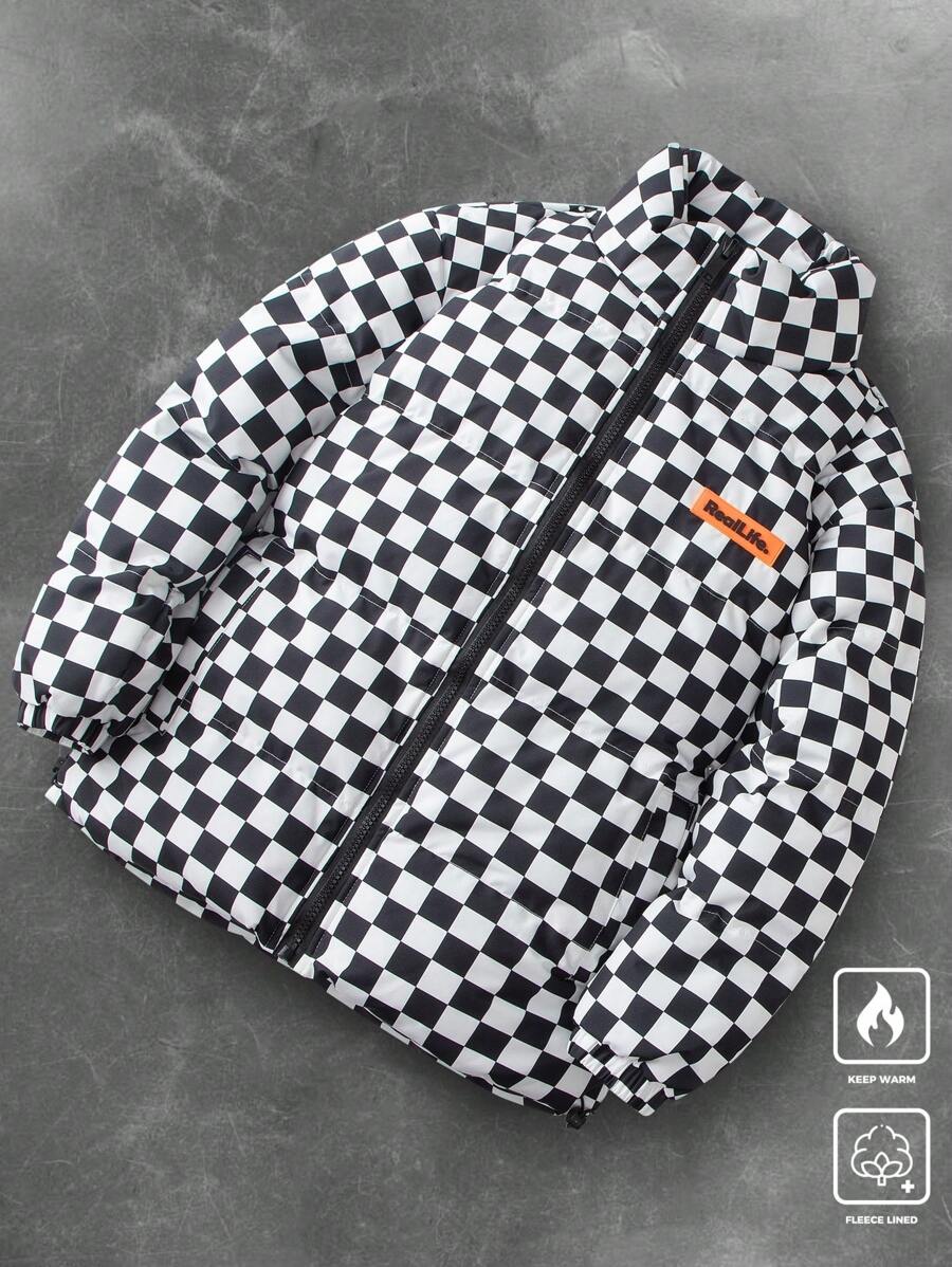 Manfinity Hypemode Men's Long Sleeve Zip-Up Plaid Padded Coat, Casual Daily Wear,Boyfriend Gift,Winter Warm Winter Coat,Fall Men Clothes