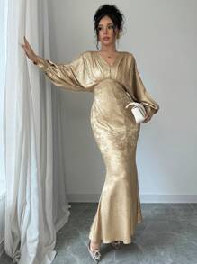 Elenzga 女士褶皱拼布纽扣装饰金箔鱼尾下摆连衣裙 - 金色 - 查看 4