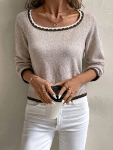 Chiquease Áo len chui đầu thường ngày họa tiết hoa dành cho nữ, mùa xuân và mùa thu - Màu Khaki - Xem 7