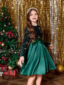 Tween Girl Shiny Contrast Sequin Satin Puff Dress, Green, For Christmas - Green - View 8