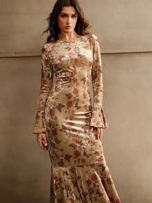 Anewsta Vestido largo de manga larga con estampado de rosa de terciopelo tipo sirena para mujeres, atuendo de mujer maxi