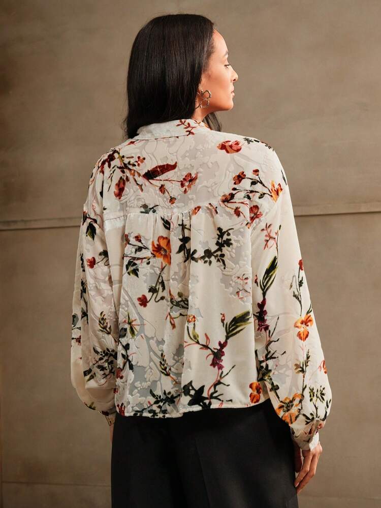 Flocked Retro Palace Style Printed Shirt, Women Smooth And Sheer Blouse