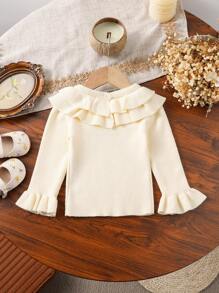 Baby Girl Fashionable Cute Double Ruffle Collar Ribbed Knit Sweater
