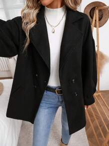 SHEIN LUNE Manteau à manches ballons à col croisé double noir pour femmes, automne/hiver - Noir - Voir 4