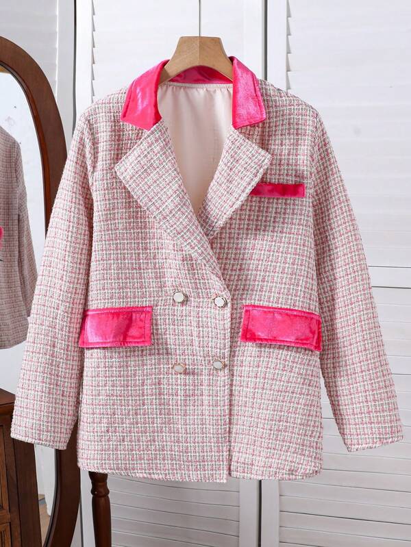 SHEIN Tween Girls' High-Quality Contrast Color Tweed Blazer Style Jacket, Suitable For Fall & Winter