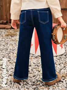 SHEIN 1 szt. Jeansy dla młodych dziewcząt, śliczne/vintage/codzienne/z powrotem do szkoły, z nadrukiem gwiazdy i notatki, proste nogawki, odpowiednie do szkoły i na wycieczki, wiosna/jesień/zima