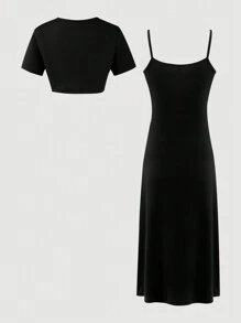 Tween Girl Solid Cami Dress & Super Crop Top - Black - View 2