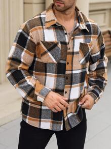 Manfinity Homme Plus Size Men's Plaid Pocket Single-Breasted Casual Going Out Shacket, For Friends, Husband, Boyfriend Gifts, For Fall