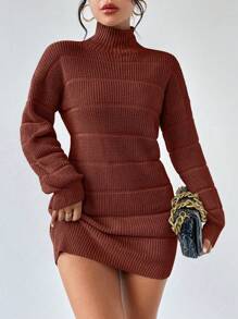 Chiquease Women's Solid Stand Collar Long Sleeve Short Style Casual Knit Sweater Dress, Autumn/Winter