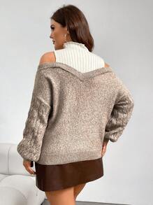 SHEIN Privé Plus Size Women Contrast Color Knitted French Style Apricot Pullover Sweater - Multicolor - View 7