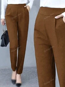 Pantalon casual plissé avec poche, couleur unie pour femmes