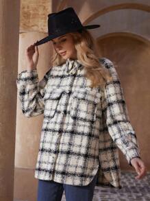 Aveloria 女士秋冬复古休闲时尚格子衬衫领宽松夹克 - 白色 - 查看 7