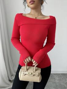 Chiquease Elegant French Style Solid Color Asymmetrical Neck Fitted Sweater, Autumn, Knit Pullover Fall Winter - Red - View 6