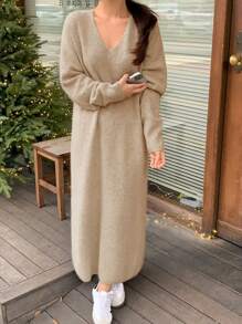 DAZY 女式 V 领纯色长款宽松休闲毛衣裙，秋季服装