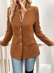 SHEIN Clasi Women's Solid Color Long Sleeve Single-Breasted Casual Jacket, Spring/Autumn Fall Cloth For Women - Chocolate Brown - View 7