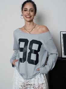SHEIN EZwear Women's Casual Loose Fit Digital Print Long Sleeve T-Shirt, Spring & Summer