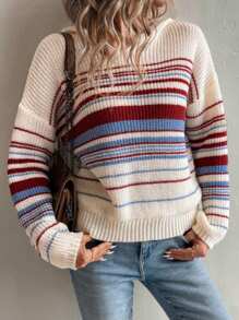 Chiquease Suéter con capucha a rayas de color contrastante para mujer, con aspecto talla grande fashionable y joven, para otoño e invierno - Multicolor - View 3