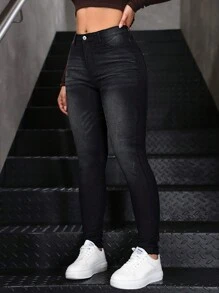 SHEIN Essnce Autumn Casual Water Washed Slant Pocket Skinny Denim Jeans - Black - View 9