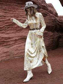 Aveloria Vintage Elegant Stand Collar Gold Velvet Printed Fit And Flare Long Sleeve Dress For Women Fall Cloth For Women - Multicolor - View 6