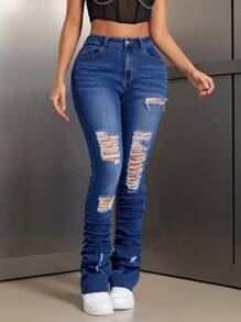 SHEIN SXY Dames gescheurde geplooide slim fit casual jeans