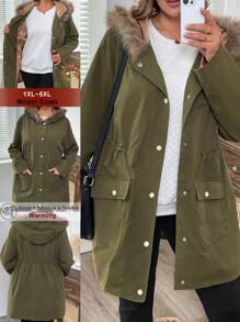 EMERY ROSE Plus Size Women's Autumn/Winter Furry Patchwork Long Sleeve Drawstring Waist Pocket Single-Breasted Hooded Casual Outwear - Army Green - View 1